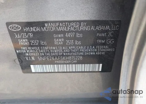 2019 Hyundai Sonata Se z USA, uszkodzony, nr VIN 5NPE24AF5KH815228